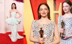 emma-stone showing poss in white dress and in right showing her Oscar Award